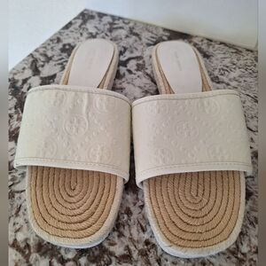 White Tory Burch Slides Multi Logo Leather Slide Sandal Flat White Size 10.5 M